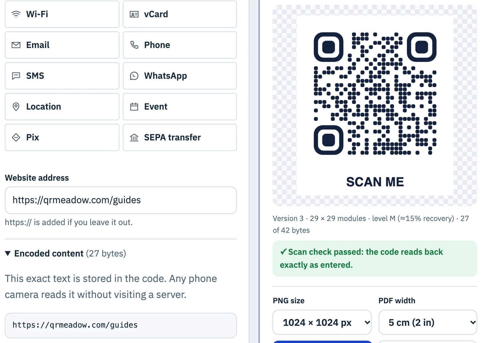 Generator with the address https://qrmeadow.com/guides; Encoded content shows the same address stored in the code; version 3, scan check passed