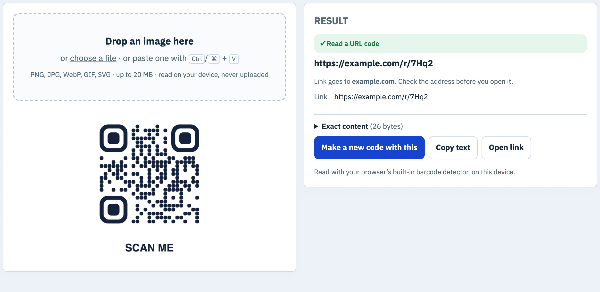 QR code scanner showing an uploaded code read as the URL https://example.com/r/7Hq2, with its exact content and the domain it goes to