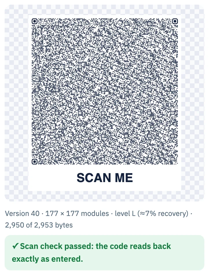 Text QR code at version 40, 177 × 177 modules, level L, 2,950 of 2,953 bytes, scan check passed
