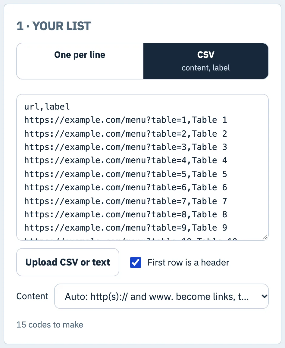 Bulk generator list step in CSV mode with 15 rows of table links and labels, header row ticked, 15 codes to make