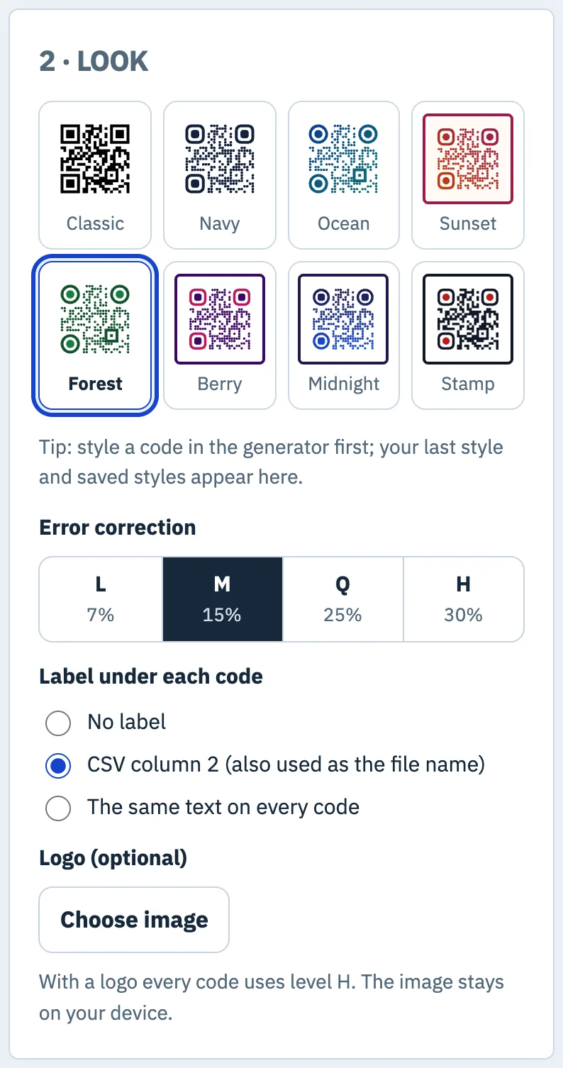 Bulk generator look step: eight preset styles with Forest selected, error correction M, label from CSV column 2, optional logo