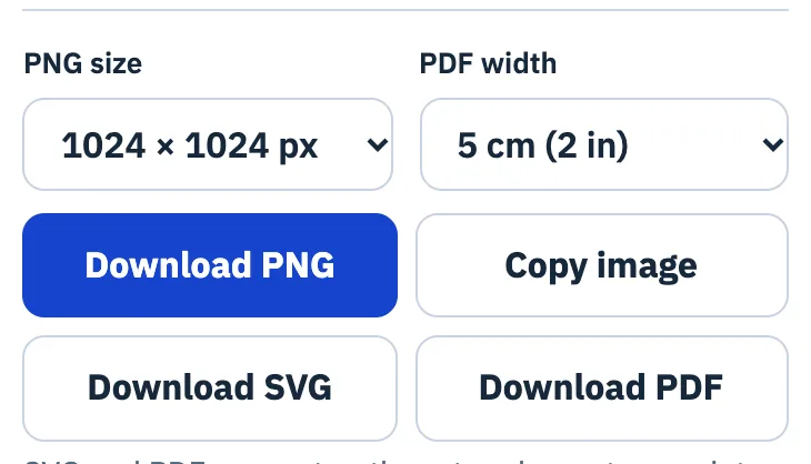 Export options: PNG size 1024 × 1024 px, PDF width 5 cm (2 in), Download PNG, Copy image, Download SVG, Download PDF