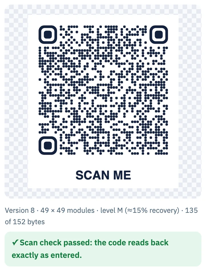 vCard QR code with name, mobile and email: version 8, 49 × 49 modules, 135 bytes, scan check passed