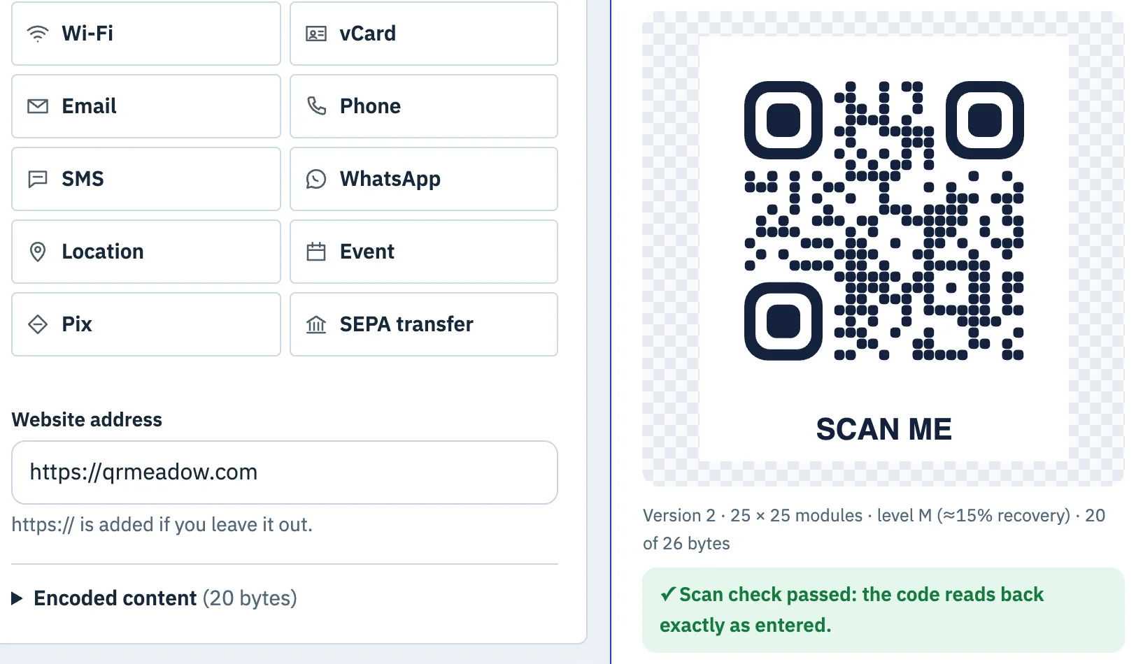 QR Meadow generator with the web address https://qrmeadow.com, showing Version 2, 25 × 25 modules, level M, 20 of 26 bytes, and a passed scan check