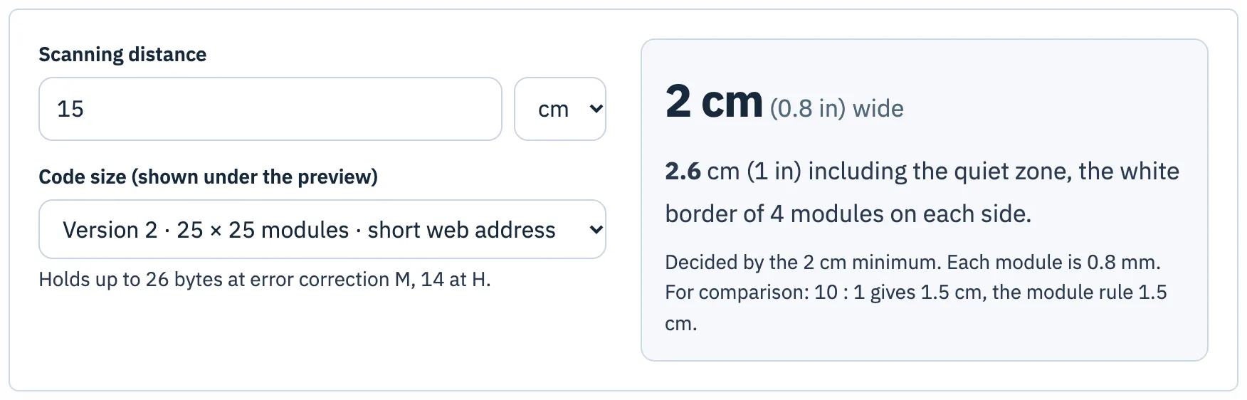 Size calculator set to 15 cm and version 2, recommending 2 cm